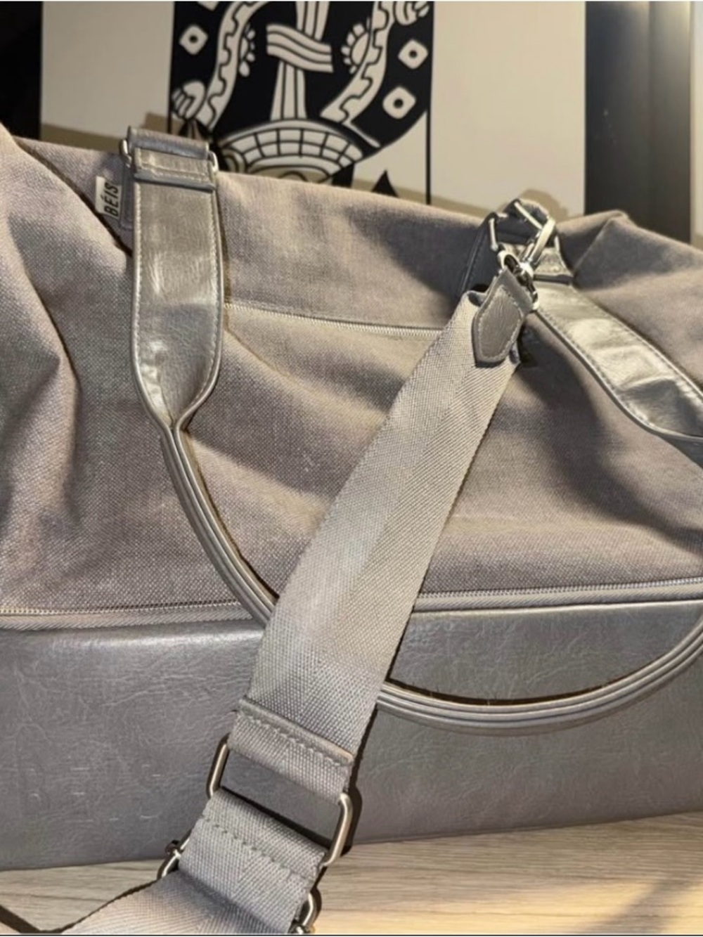 BEIS Light Gray Canvas Duffel with Faux-Leather Trim
